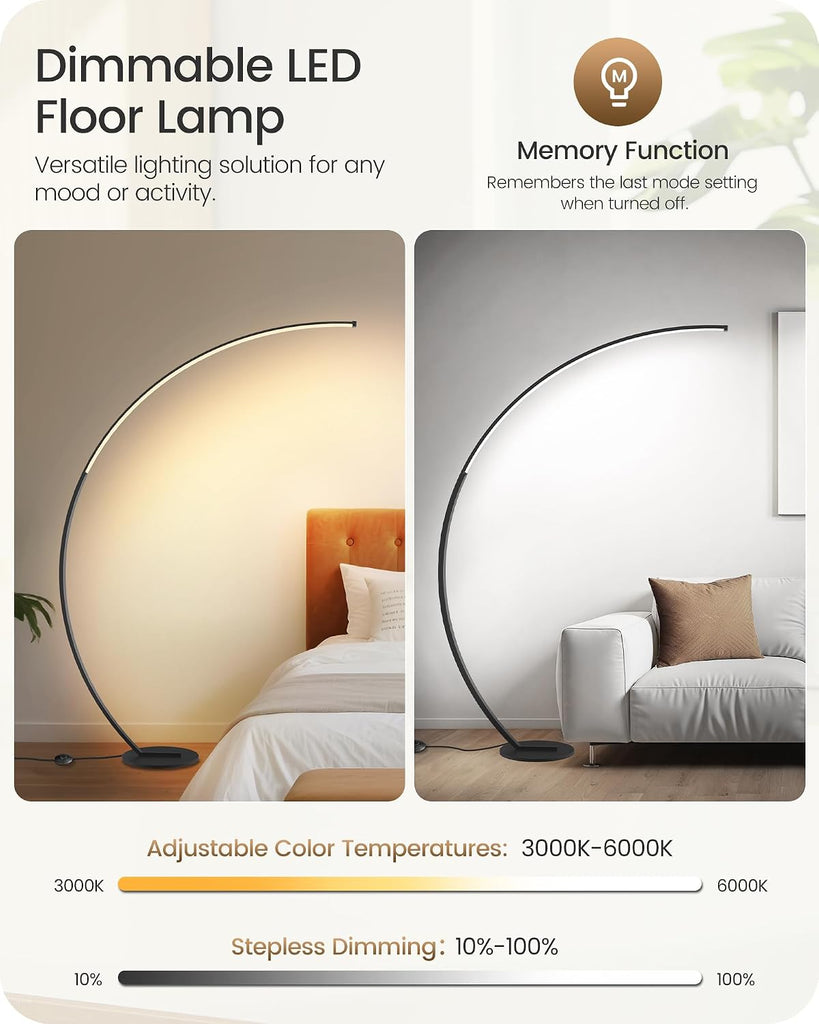 75 inch Dimmable LED Arc Floor Lamp with Foot and Remote Control, 3 Color Temperatures, 3000K-6000K Whites
