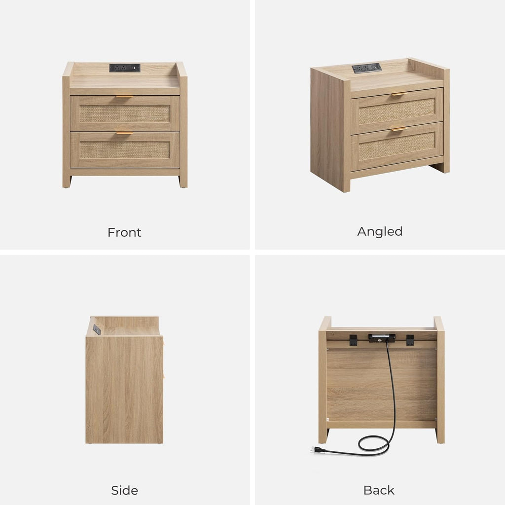 Rattan Nightstands Set of 2 Bedside Table - Bed Night Stand with Type-C Charging Station, 2 Drawers Storage - Boho