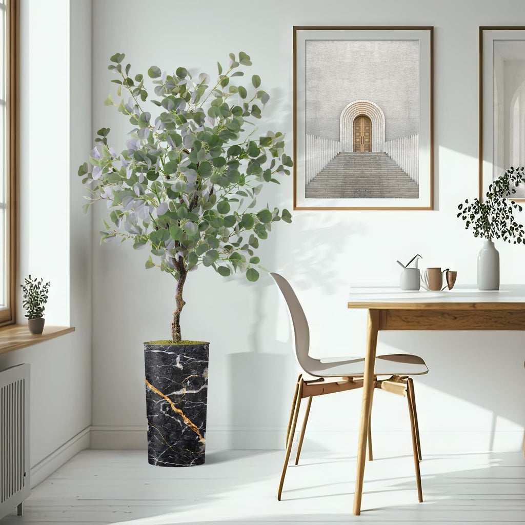 Artificial Tree in Modern Granite Effect Planter, Fake Eucalyptus Silk Tree for Indoor and Outdoor Home Decoration