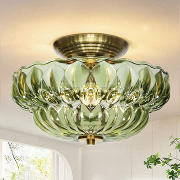 11" Semi-Flush Mount Ceiling Light,3-Bulb Green Glass Hallway Light Fixture | Indoor Lighting,Gold Close to Ceiling