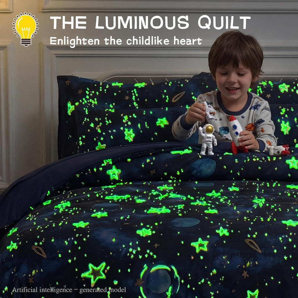 Kids Comforter Sets Twin for Boys, Glow in The Dark Blue Starry Sky Space Bedding Set 3 Pieces - Boy Soft Bed Set - Set of 3