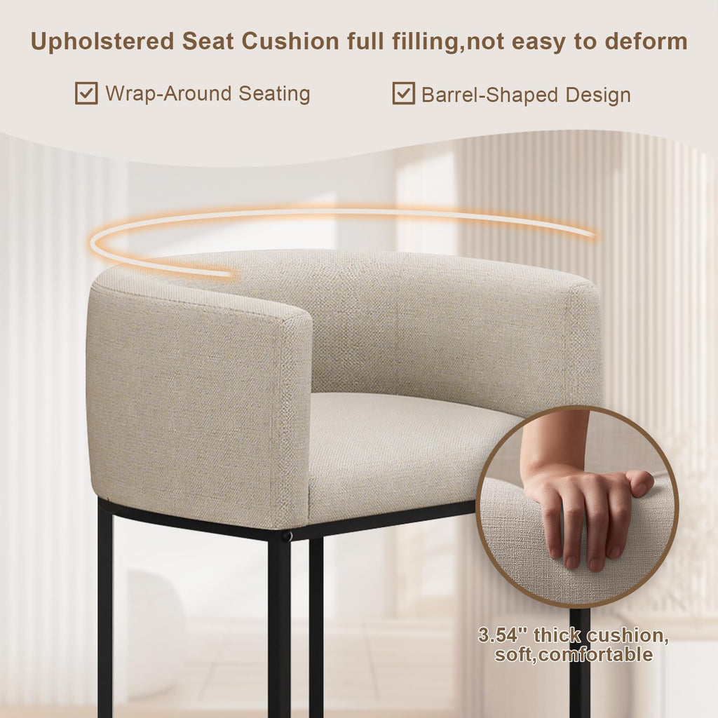 26" H Counter Height Bar Stools Set of 3, Modern Barrel Counter Stools with Backrest and Arms, Linen Fabric