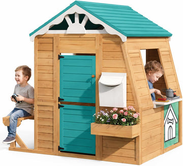 Wooden Outdoor Playhouse for Kids, Finnish Spruce Backyard Cottage with Kitchen Playset, Mailbox, Bench & Blackboard
