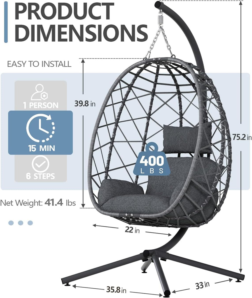 Hanging Egg Chair with Stand, Outdoor Indoor Rattan Wicker Egg Swing Chair with Cushion, Heavy Duty Patio Hammock