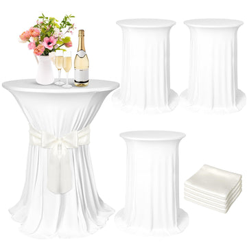 4 Set Cocktail Table Covers with Satin Sash, 32 x 43 Inch Round Cocktail Table Skirt, Spandex Stretch High Top
