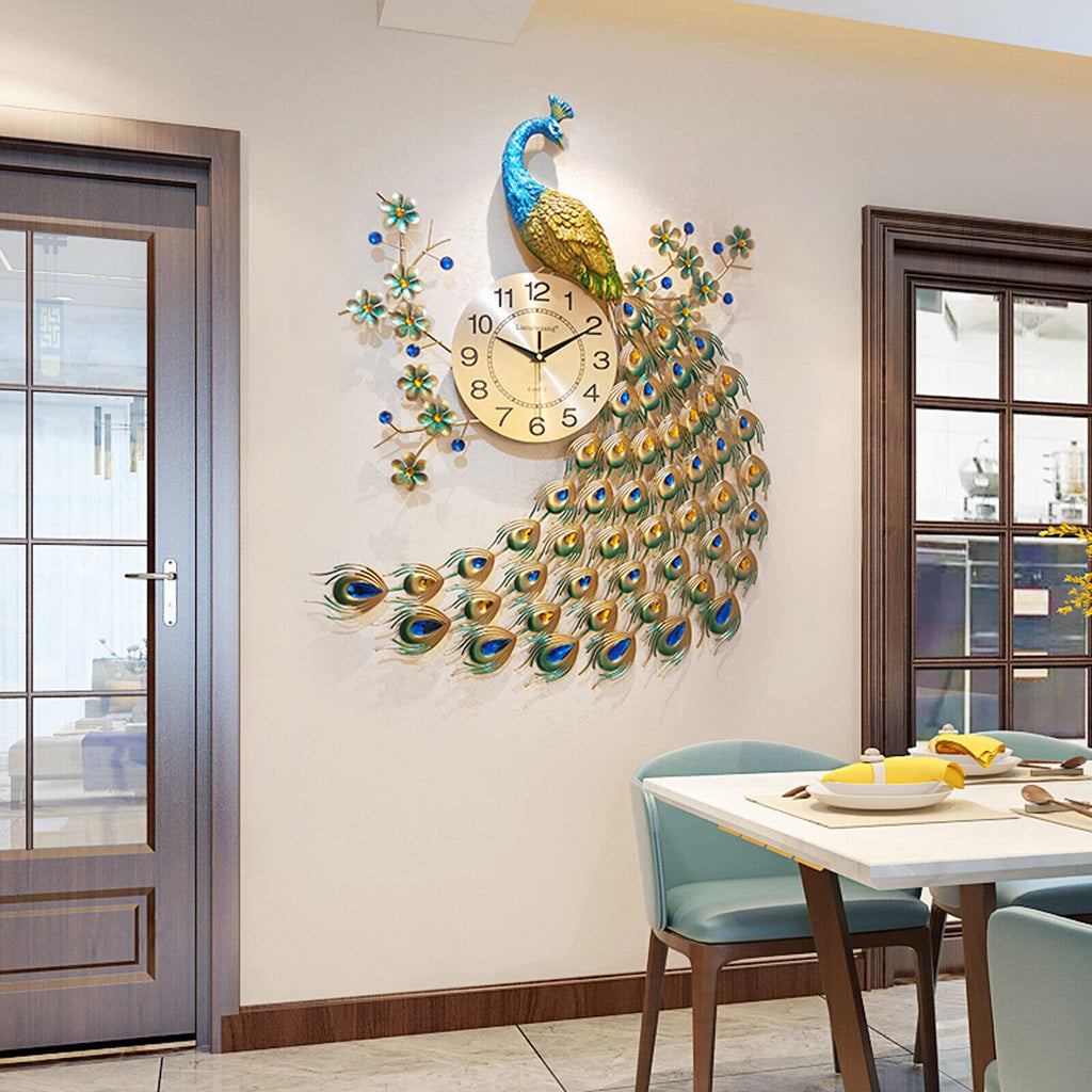 29.5" Large Peacock Wall Clock Crystal Decor, 3D Creative Luxury Wall Clock Silent Non-Ticking Battery Operated