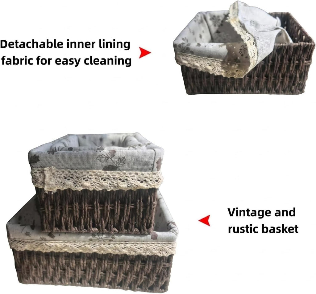 Wicker Woven Baskets With Liner, 3Packs Small Square Decorative Shelf Basket Storage And Organizing (coffee)