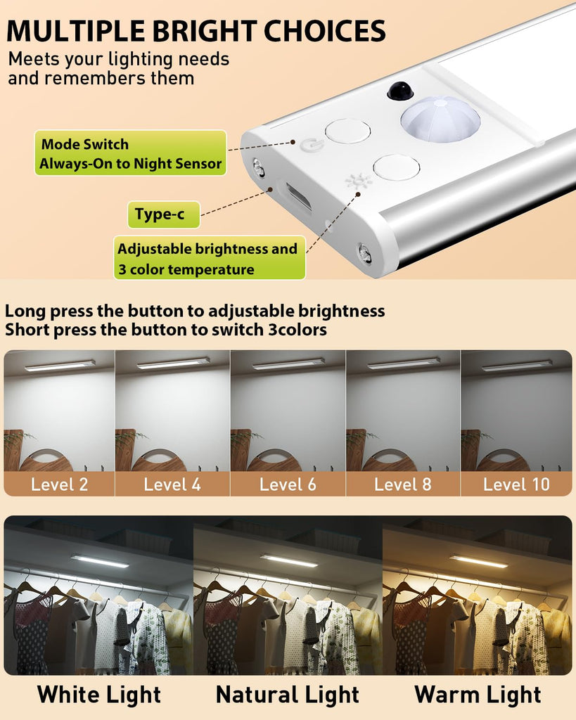 12'' Under Cabinet Lighting, with Remote Rechargeable Wireless Motion Sensor Lights Indoor 3 Color/5 Levels Dimmable
