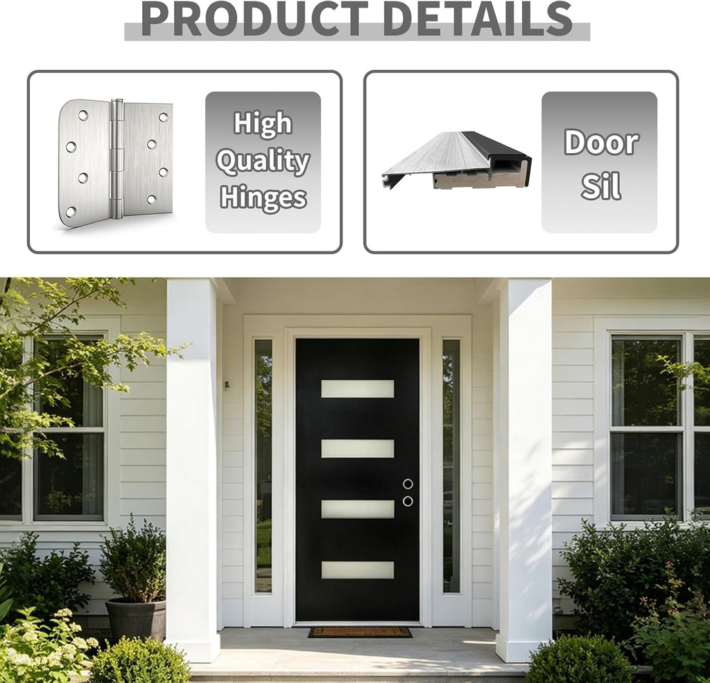 36" x 80" Exterior Fiberglass Front Door for Home, Prehung Entry Door with 4 Lite Glass Panels, Modern Design, Left