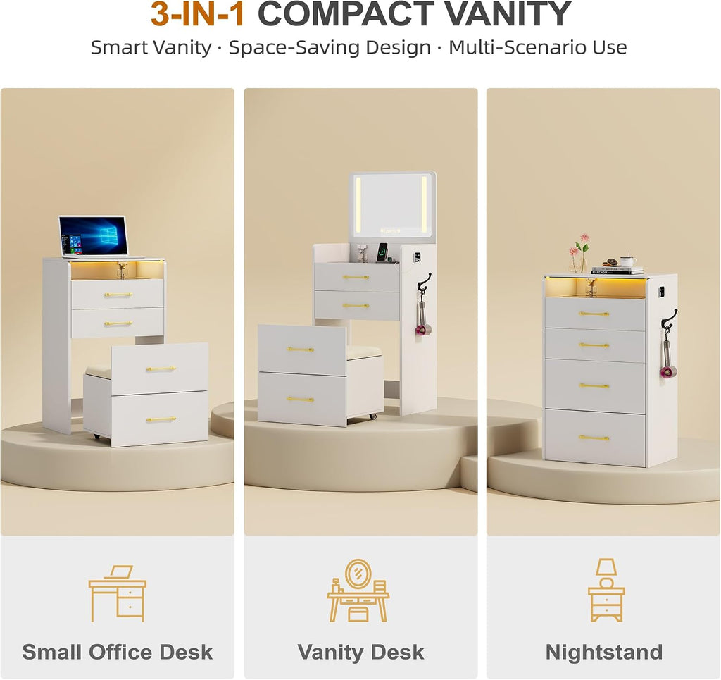 3 in 1 Vanity with Mirror and Sensor Lights,Charging Station,Pure White | Glass Top Compact Vanity with