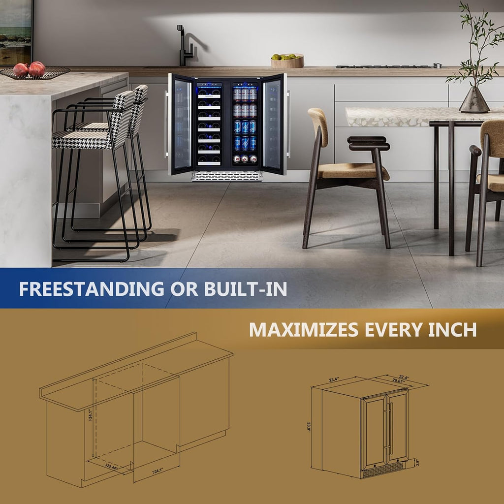 Wine and Beverage Refrigerator, 24’’ Wine Cooler- 20 Bottles&78 Cans, Built