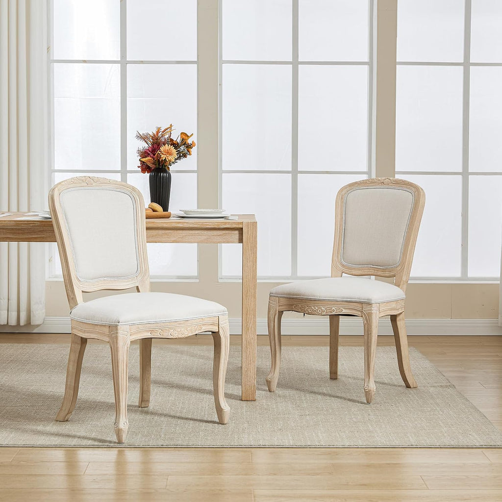 French Dining Chairs Set of 2, Upholstered Linen Dining Chairs with High Back and Curved Legs, Armless Side Chairs for Dining Room or Restaurant, Beige