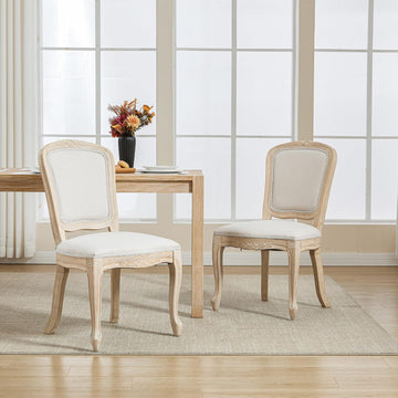 French Dining Chairs Set of 2, Upholstered Linen Dining Chairs with High Back and Curved Legs, Armless Side Chairs for Dining Room or Restaurant, Beige