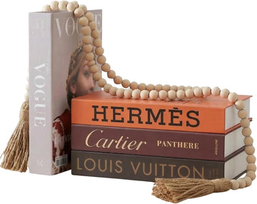 Faux Book Set + Wood Bead Garland Bundle, Glam Shelf Decor | 4 cardboard books plus 58in wood bead garland