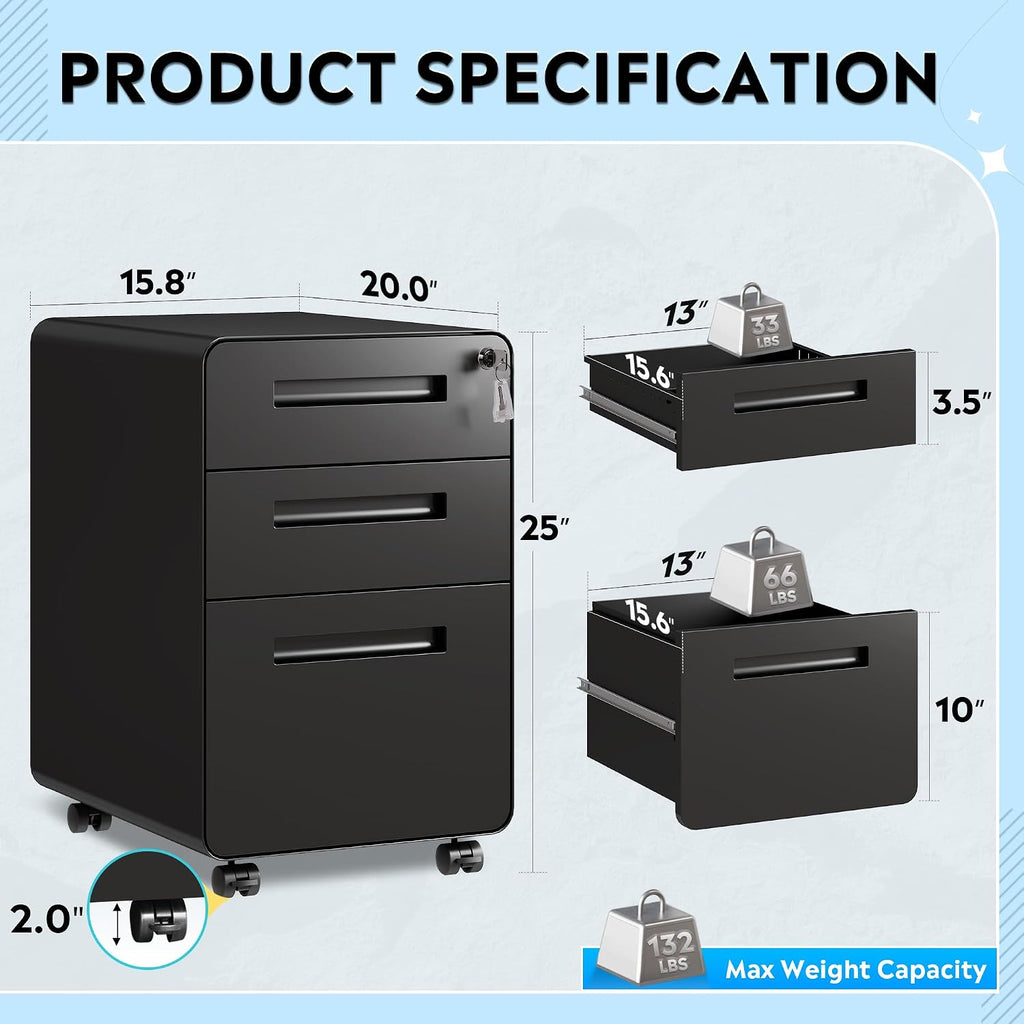 3 Drawer File Cabinet with Lock, Fully Assembled Except Casters | Thickened Metal Mobile Filing Cabinet, Under Desk
