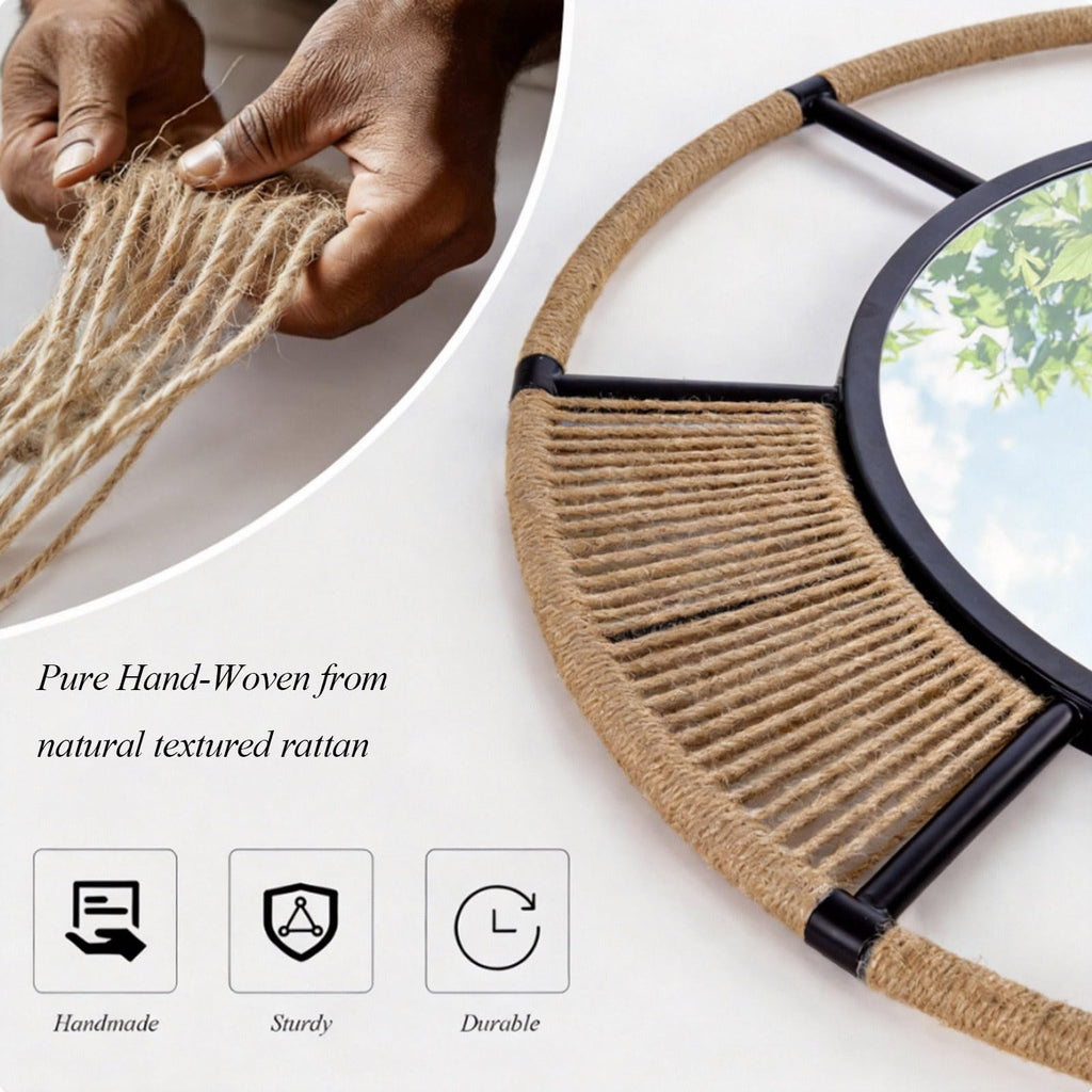 Hand‐Woven Jute Rope Round Wall Mirror, 30''Modern Boho Mirror Decor