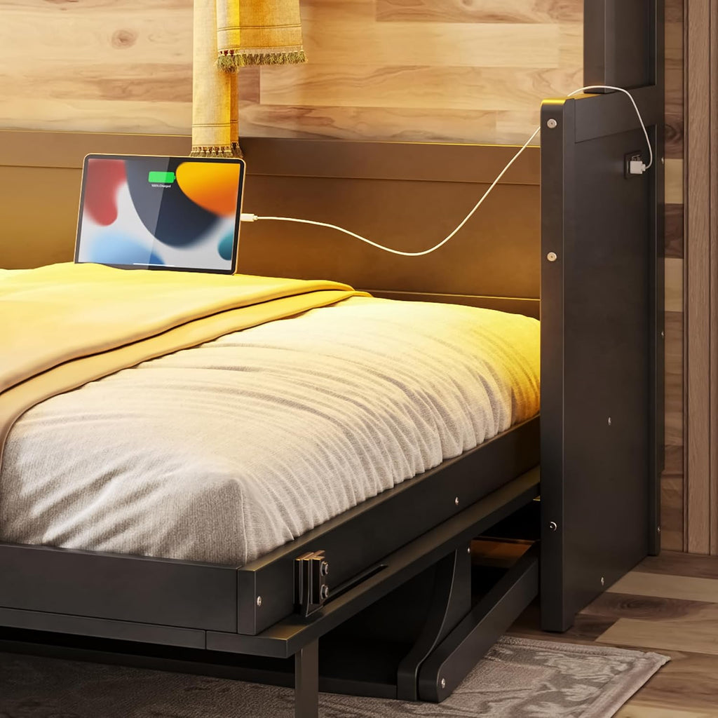 Queen Horizontal Cabinet Murphy Bed with Desk & USB Charging Station, Foldable Hideaway Wall Bed Frame with Solid