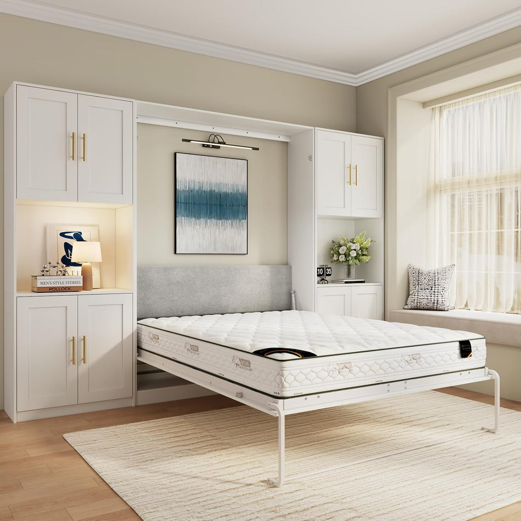 Farmhouse Murphy Bed Queen, 85" Wall Bed Folds to Save Space, Concealed Bed Frame with 2 Storage Cabinets and Wall