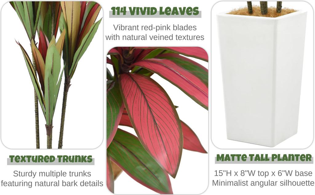 Artificial Red Dracaena Tree 6FT 114 Leaves & White Tall Planter