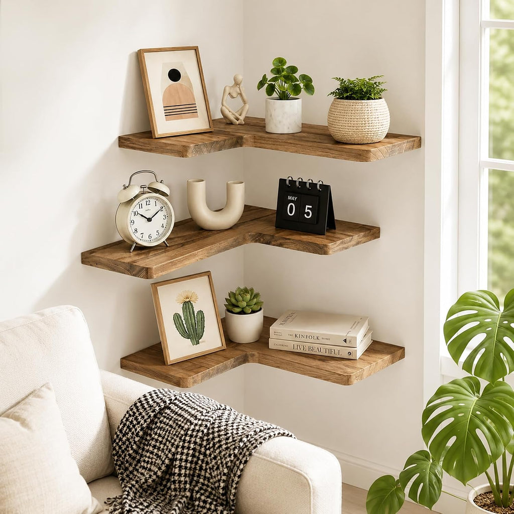 Solid Wood Corner Floating Shelves, L-Shaped, Oak, Set of 3 | Hidden Brackets, Space-Saving Wall Storage