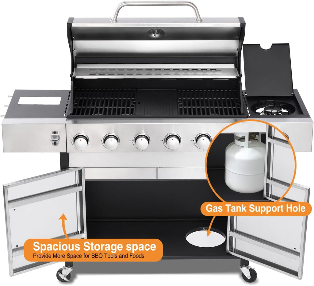 6-Burner Propane Gas Grill with Side Burner, 620 Sq. In. Cooking Area, Cast Iron Grates, Warming Rack and Storage Cabinet