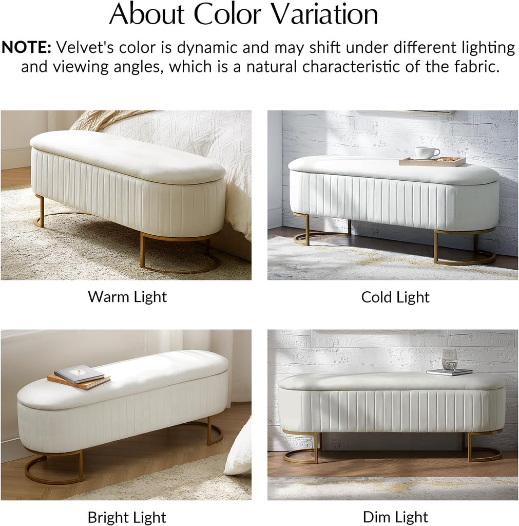 50.5" Velvet Bedroom Storage Bench Ottoman, Upholstered End of Bed Bench with Gold Legs, Flipping Lid Entryway