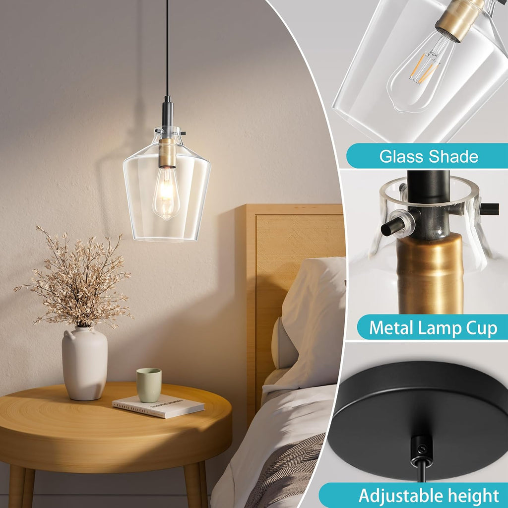 Modern Glass Pendant Lighting for Kitchen Island 2 Pack, Farmhouse Black and Gold Pendant Light Fixtures, Adjustable