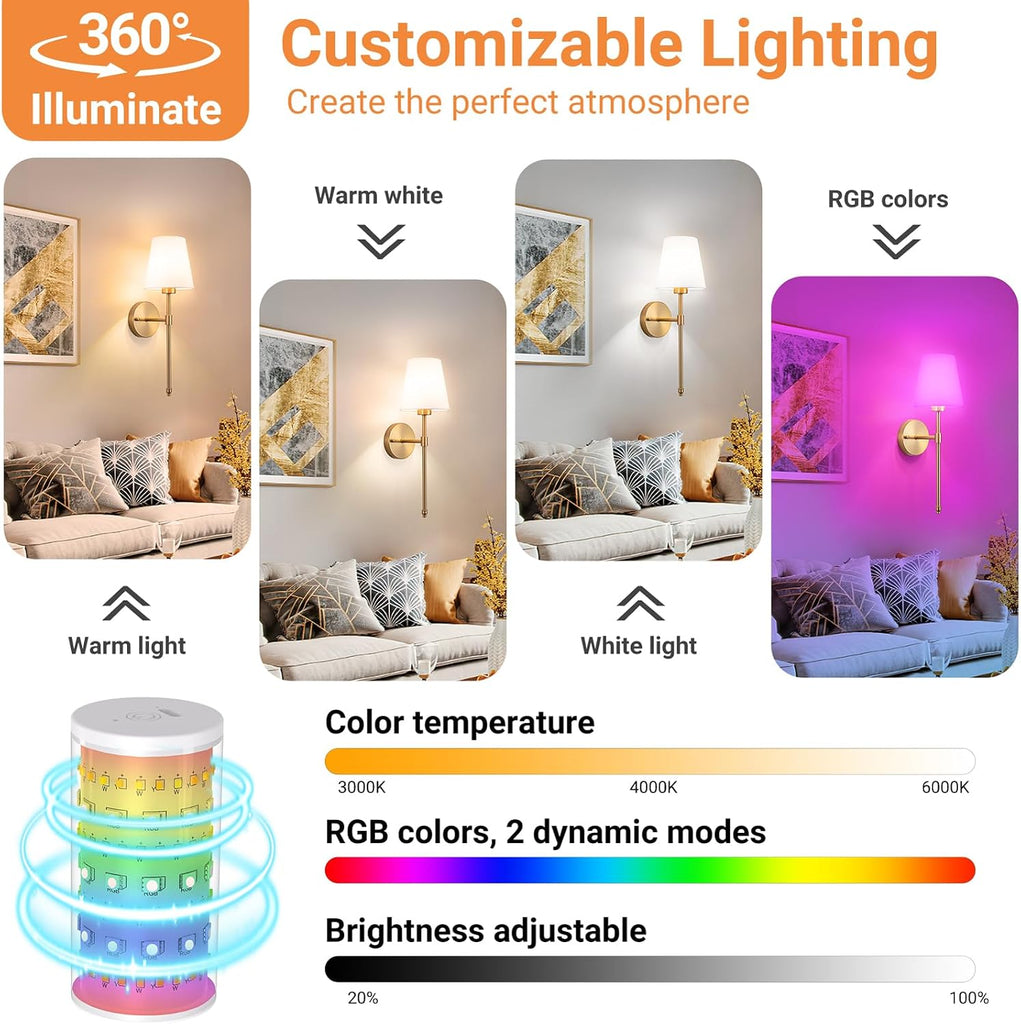 Peel and Stick Wall Sconces, Stick On Wall Sconce Set of 2, Battery Operated Wireless Adhesive Wall Lights, Corn Bulb