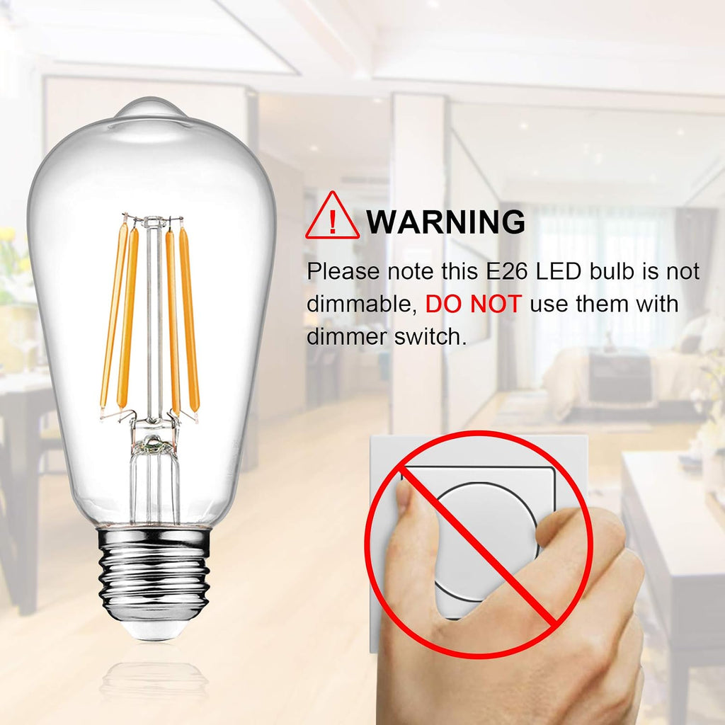 Vintage LED Edison Bulbs, 6W, Equivalent 60W, Non-Dimmable, High Brightness Warm White 2700K, ST58 Antique LED