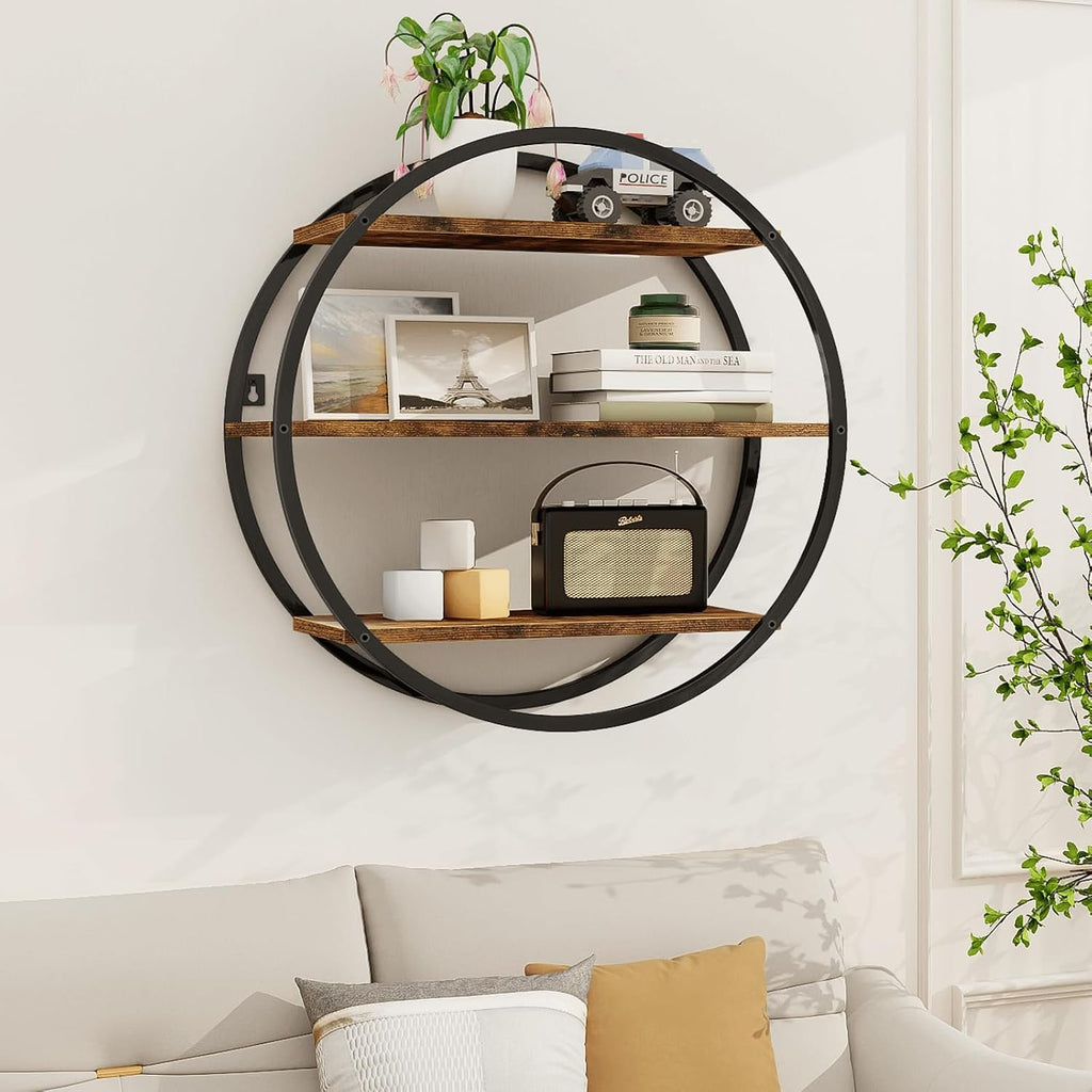 Circle Shelf Wall Decor, 3 Tier Decorative Round Wall Shelf | Geometric Circle Metal and Wood, Circular Wall Shelf