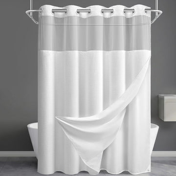No Hook Shower Curtain with Snap in Fabric Liner,Waffle Hotel Style Waterproof Bathroom Curtain Set White 75" L x 72"