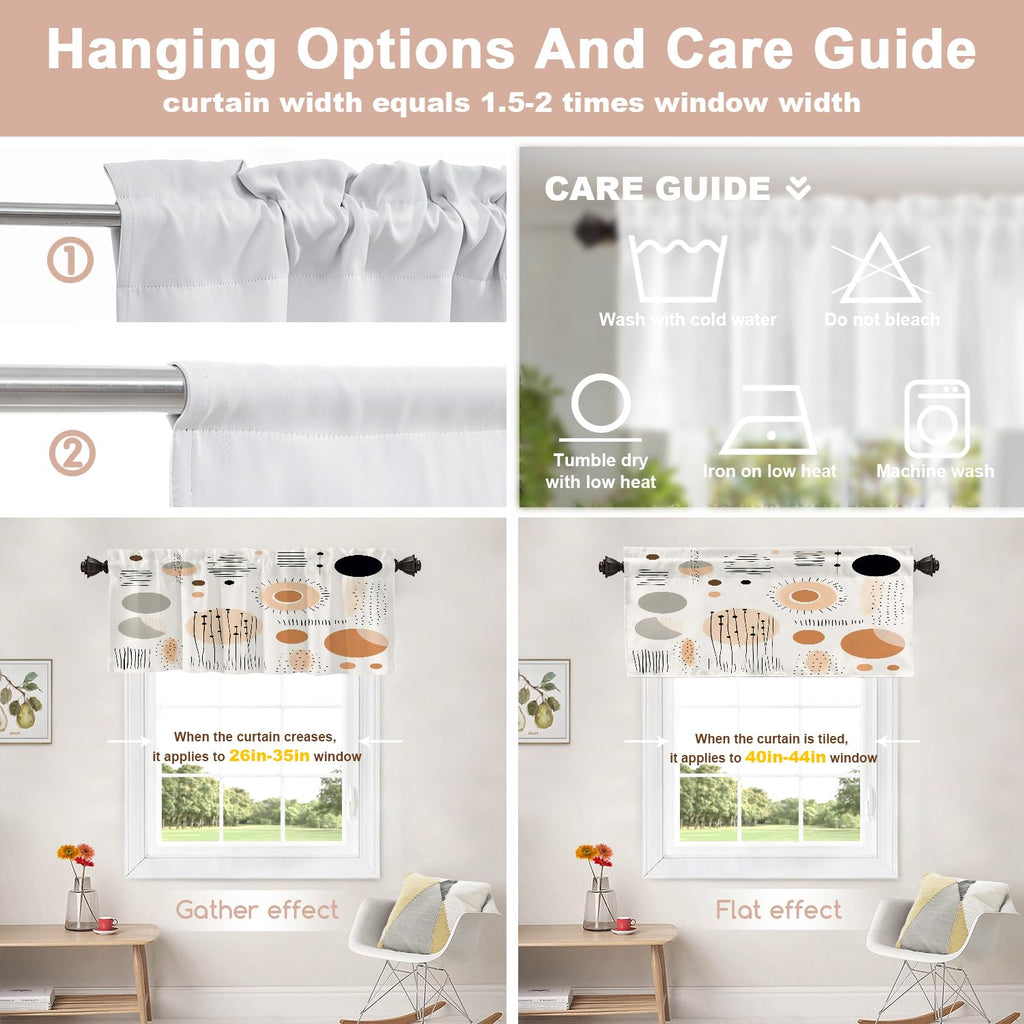 Geometric Shapes Blackout Short Curtains for Windows, Abstract Pattern Design Kitchen Valance Thermal Insulated Rod
