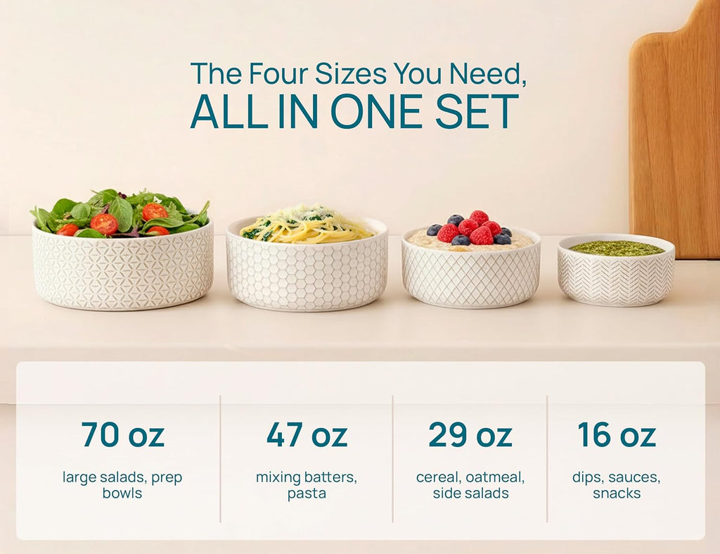 Serving Bowls, with Lids, Ceramic Nesting Bowls, Set of 4, Embossed, Kitchen, Prep, Stackable, Gift, Microwave and