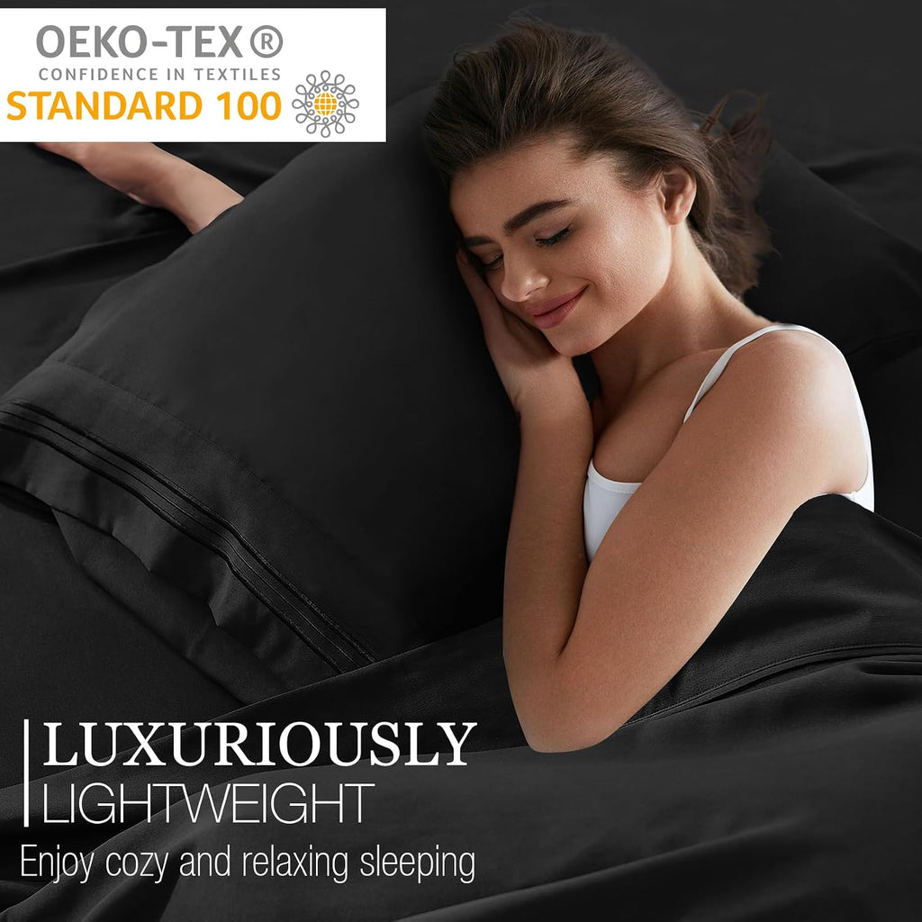 Full Bed Sheets Set, Black Cooling Hypoallergenic Microfiber Double Bed Sheets, Soft Oeko-Tex Extra Deep Pocket