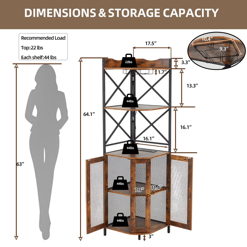 Corner Bar Cabinet with Built-in AC Charging Socket, 5-Tiers Wine Bar Cabinet with Ambient LED Lighting and Glass