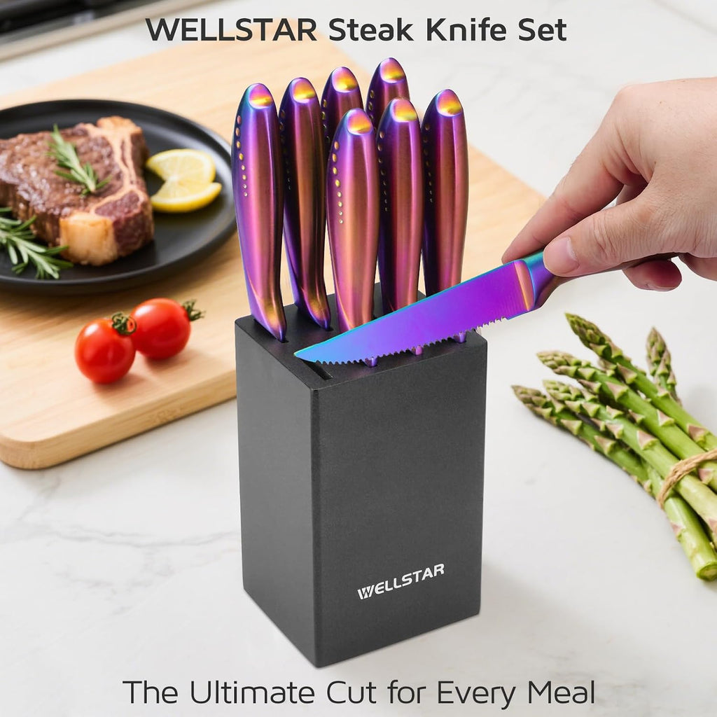 Steak Knives Set of 8 with Wood Block, 4.75 Inch Rainbow Serrated Steak Knife Set, Razor Sharp German Stainless Steel
