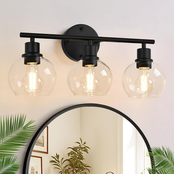 3-Light Bathroom Light Fixtures, Black Bathroom Lights Over Mirror with Clear Glass Globe Shade, Vanity Lights