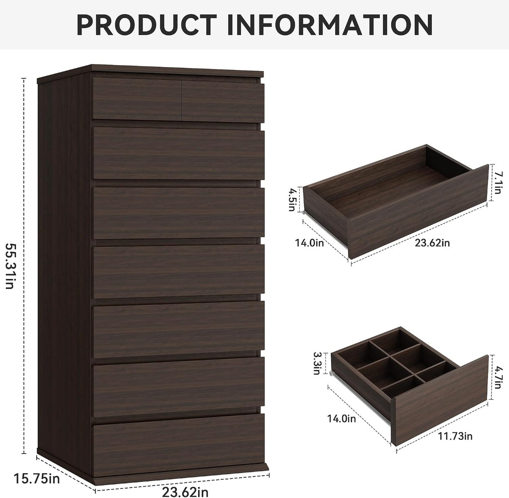 Brown Tall 8 Drawer Dresser ,Dressers & Chests of Drawers with Jewelry Storage,Wood Storage Dresser with Deep Drawers