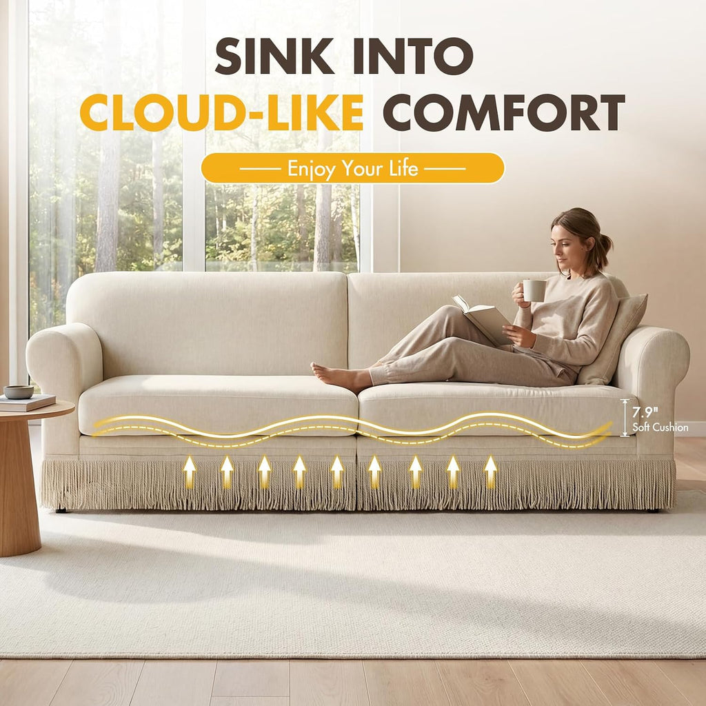 86" Chenille Sofa Couch - Mid-Century Modern 3-Seater Deep Seat Sofa with Vintage Tassel Design Pet-Friendly Soft