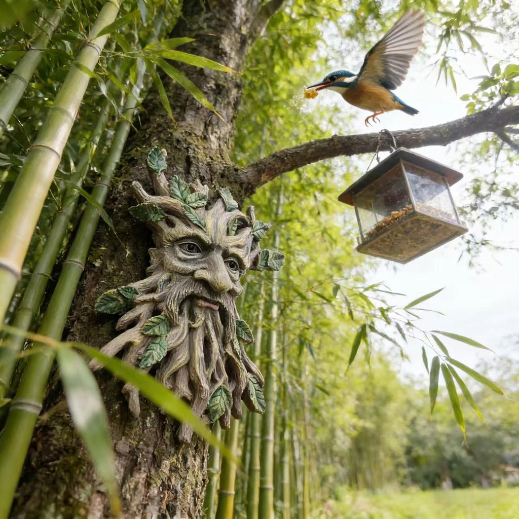 Whimsical Tree Face Garden Decoration, Tree Faces Decor Outdoor Wallmounted Statue Art with Leaf Features, Outdoor