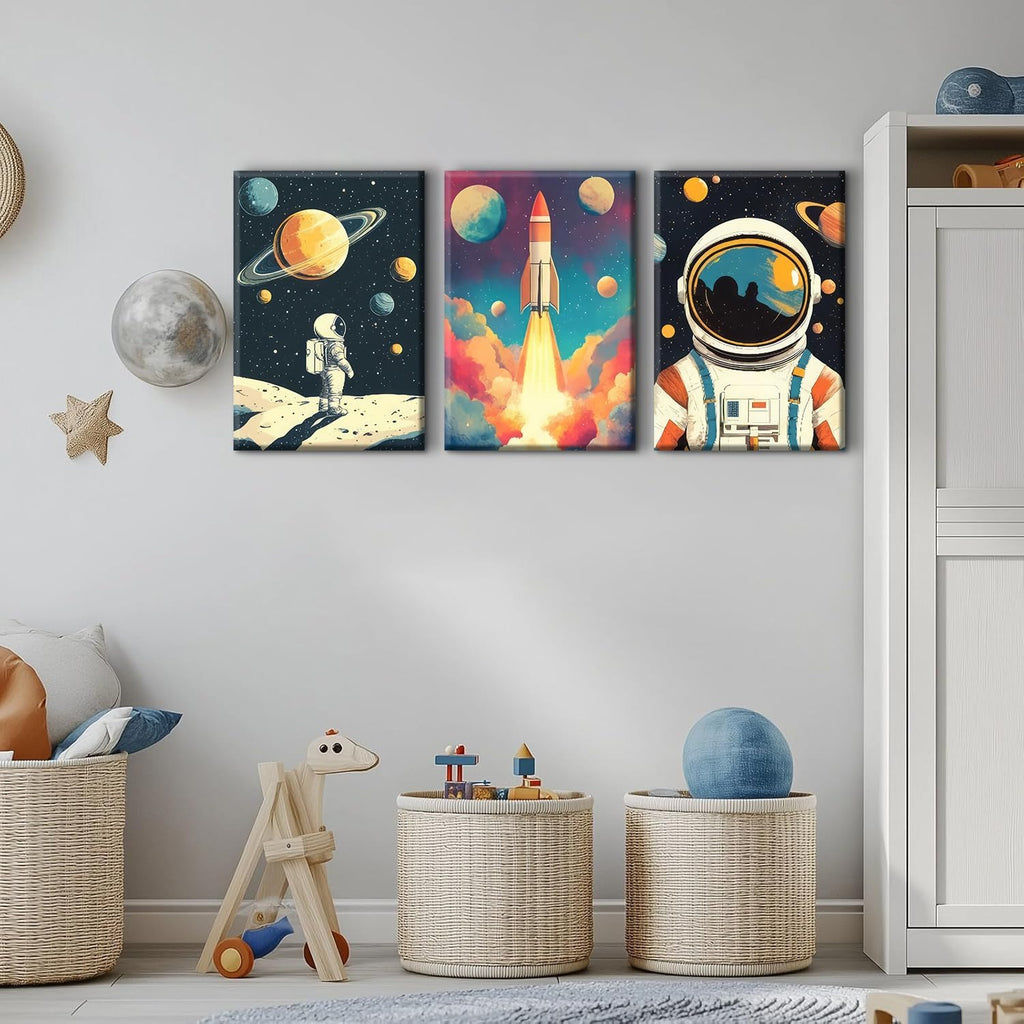 3 Pcs Space Canvas Wall Art Nursery Space Astronauts Kid Painting Pictures Wall Decor Explore Dream Galaxy Canvas
