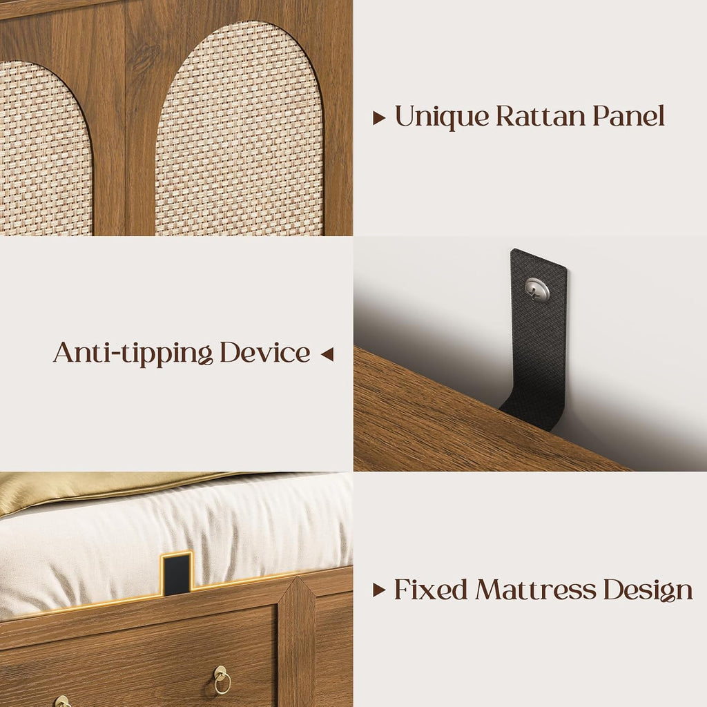 Queen Murphy Bed with Charging Station - Rattan Queen Bed Frame with Storage Drawers, Wood Cabinet Beds for Guest