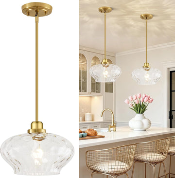 Pendant Lights Kitchen Island, Brushed Gold Pendant Light Fixtures with 11" Clear Hammered Glass Shade, Modern
