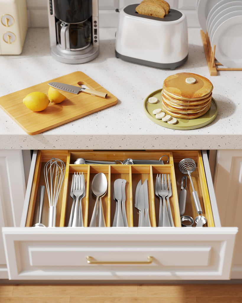 Silverware Organizer, Bamboo Kitchen Drawer Tray, Natural, Large