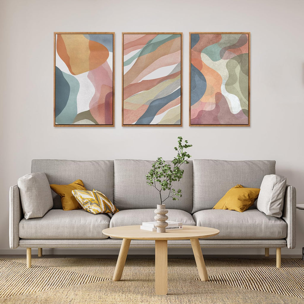 Abstract Watercolor Framed Canvas Wall Art Paintings(16"x24"), 3 Panels Colorful Red Green Yellow Blue White Artwork