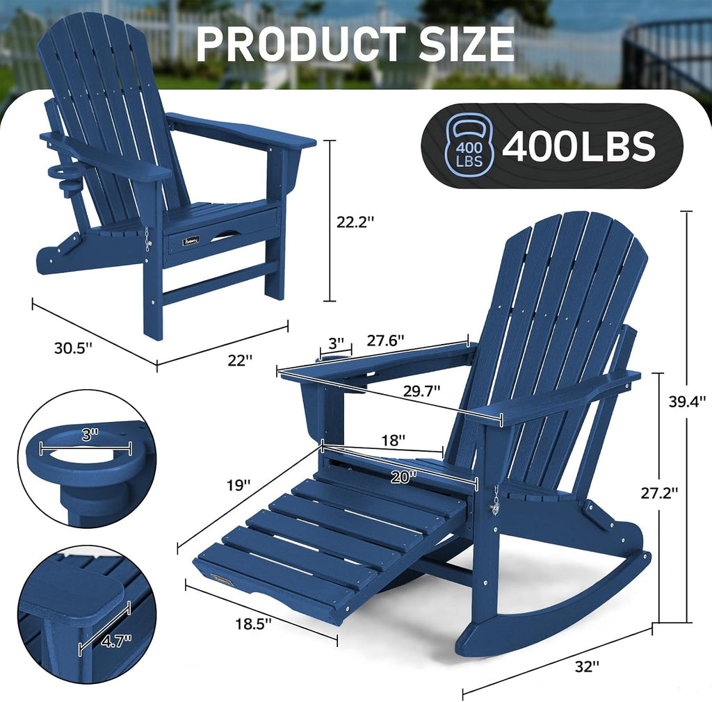 Adirondack Rocking Chair, Porch Rocker with Ottoman & Cup Holder | Multifunctional 4-in-1, Wood-Grain, HDPE All