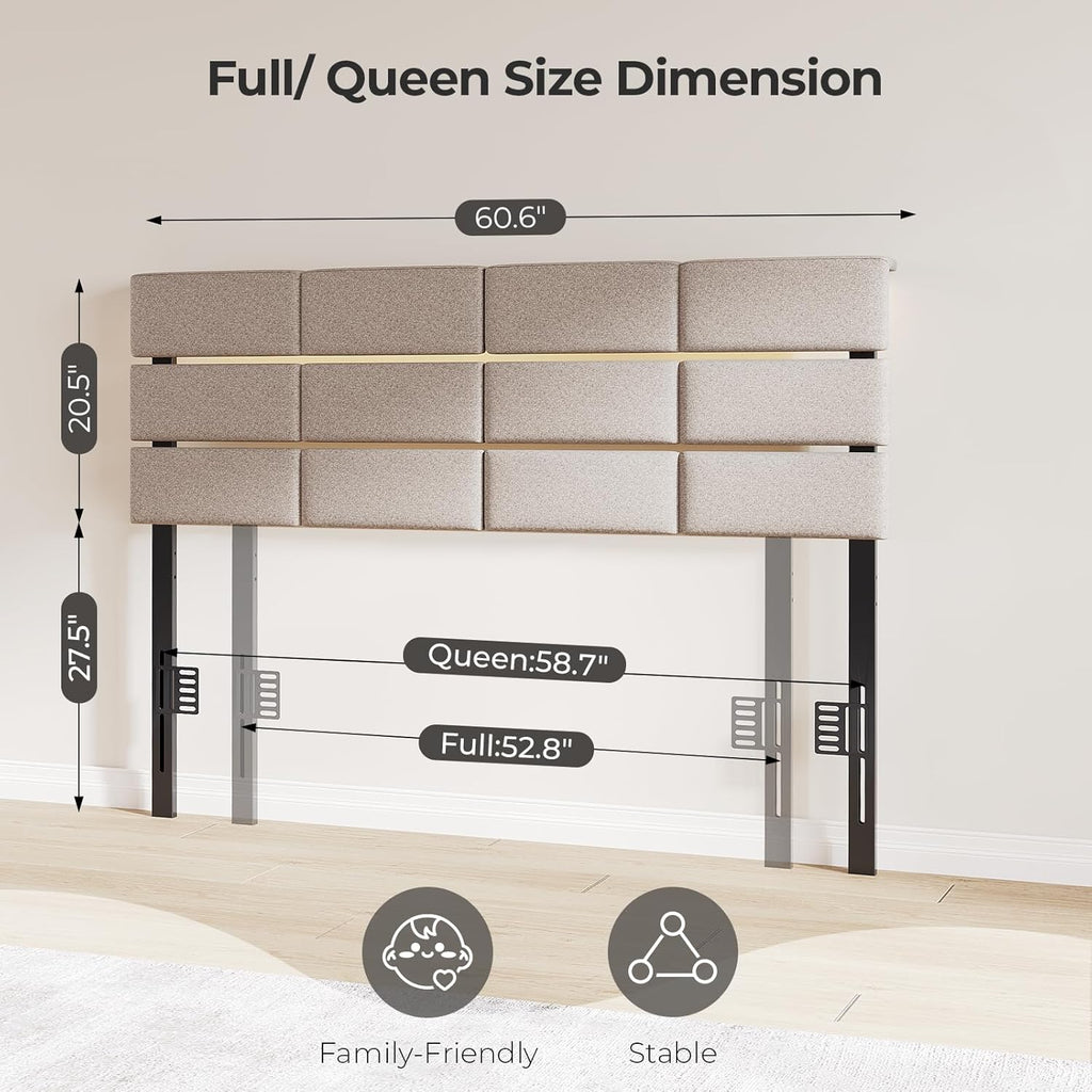 Full/Queen Upholstered Headboard, Adjustable Head boards with LED Light & Charging Station, Bed Headboard Only