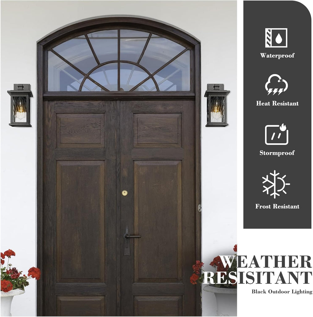 2-Pack Farmhouse Outdoor Wall Lights, 12 Inch Exterior Lights Fixture for House, Black Finish with Water Ripple Glass