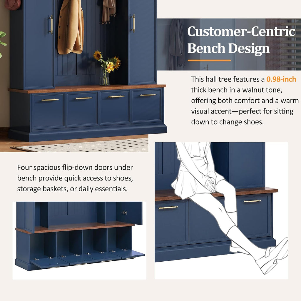 59" Farmhouse Hall Tree with Golden Hooks & Walnut Bench, Entryway Organizer with Adjustable Shelves, Shoe Storage