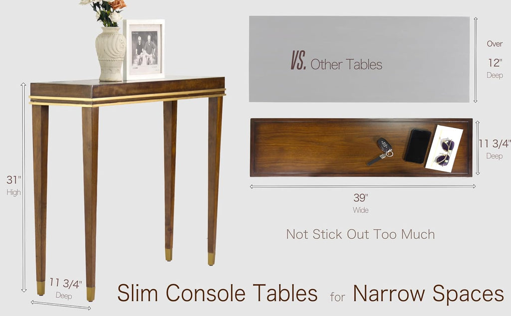 Modern Console Table - Narrow Hallway Table with Golden Accents, Walnut Veneer Hand-Finished - 11.75 Inch Deep Slim